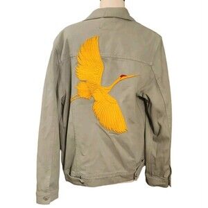 Asos Oversized Jean Jacket Men's XS Upcycled Embroidered Crane Green Indie Art